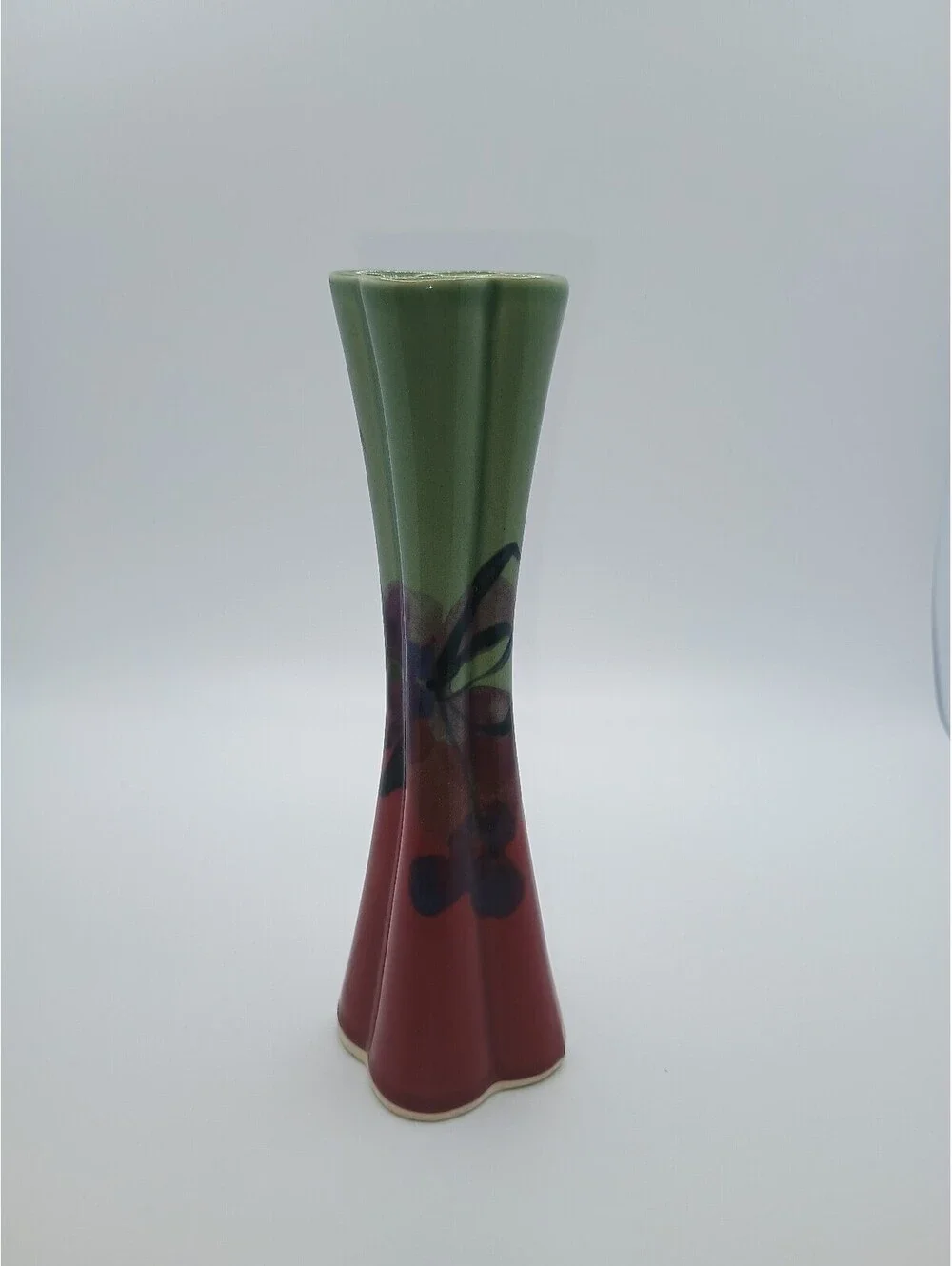 Vintage Ceramic Flower Vase with Green and Red Floral Design signed by Follette
